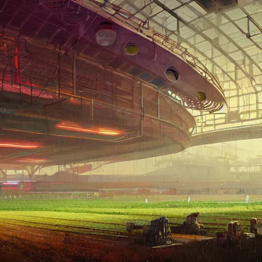 Image similar to a farm inside of a stadium, Simon Stalenhag, Wadim Kashin, solarpunk, 4K, cinematic