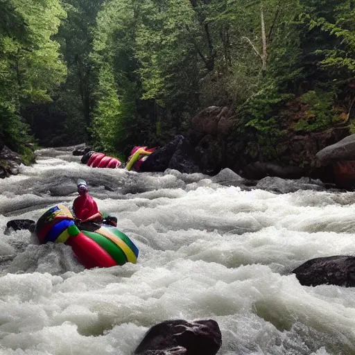 Prompt: inner tubing down a rapids filled with skittles, in the mountains, woodsy.