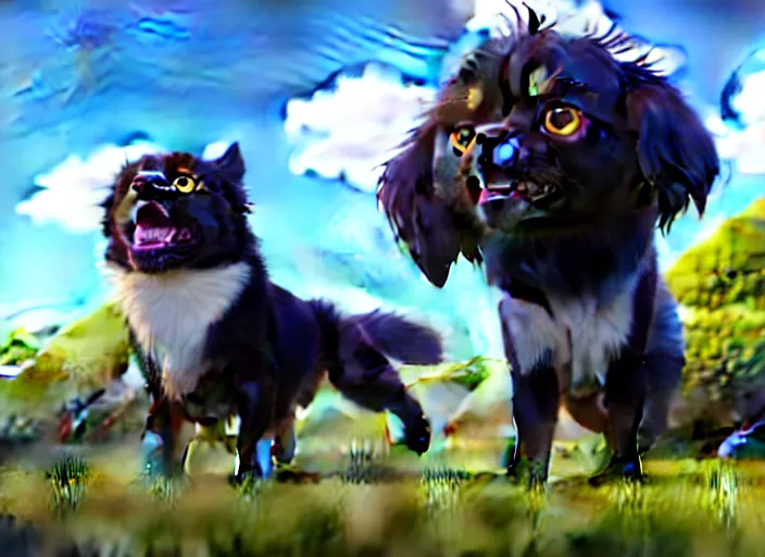 Prompt: a wholesome animation key shot of a black tibetan spaniel, jumping, studio ghibli, pixar and disney animation, sharp, rendered in unreal engine 5, anime key art by greg rutkowski, bloom, dramatic lighting