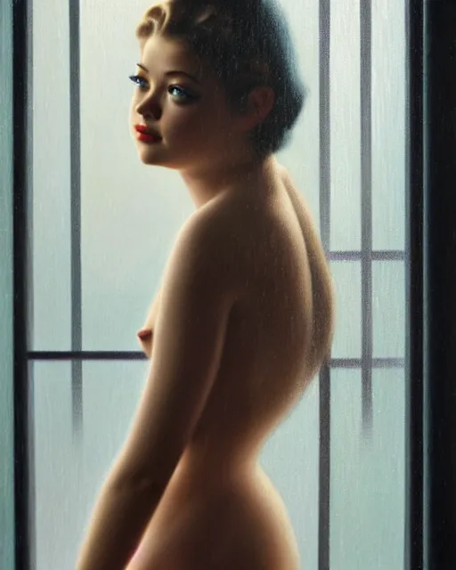 Prompt: photo of sasha pieterse in 1 9 3 0 s penthouse rainy window, oil painting, by enoch bolles, greg rutkowski, ross tran, artgerm, wlop glossy skin, intricate architectural detail, pearlescent, very coherent, cute