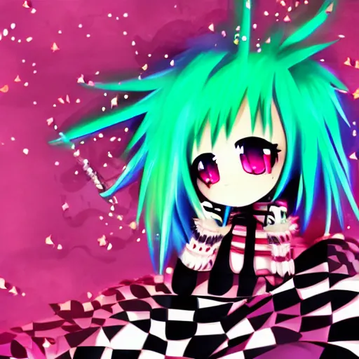 Image similar to emo anime girl, scene, rainbowcore, vhs monster high, glitchcore witchcore, checkered spiked hair, pixiv