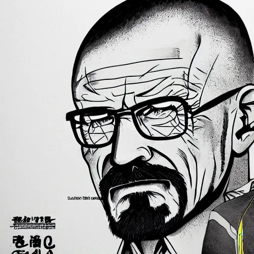 Prompt: a manga artwork of Walter White, in the style Katsuhiro Otomo, high detail, dark, drawing, wallpaper, character design, concept art