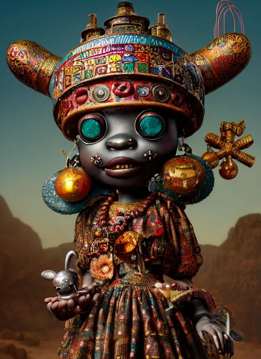 Prompt: highly detailed closeup, portrait of a tin toy voodoo priestess, unreal engine, nicoletta ceccoli, mark ryden, earl norem, lostfish, global illumination, detailed and intricate environment