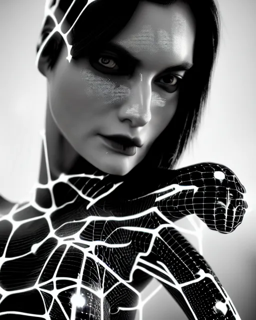 Image similar to black and white cyborg goddess high quality portrait, artificial intelligence, bio-mechanical bio-luminescence, artificial spider web, neurons, nerve cells, octane render, cinematic, hyper realism, high detail, 8k, in the style of Steven Meisel