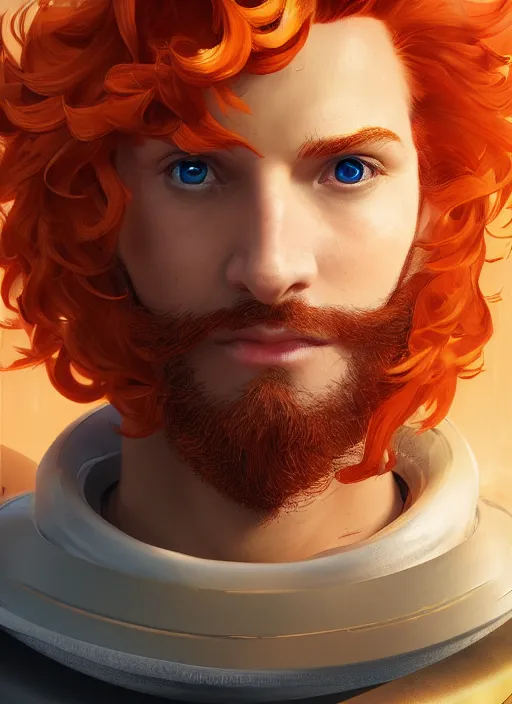 Image similar to glowwave portrait of curly orange hair man from overwatch, au naturel, hyper detailed, digital art, trending in artstation, cinematic lighting, studio quality, smooth render, unreal engine 5 rendered, octane rendered, art style by klimt and nixeu and ian sprigger and wlop and krenz cushart.