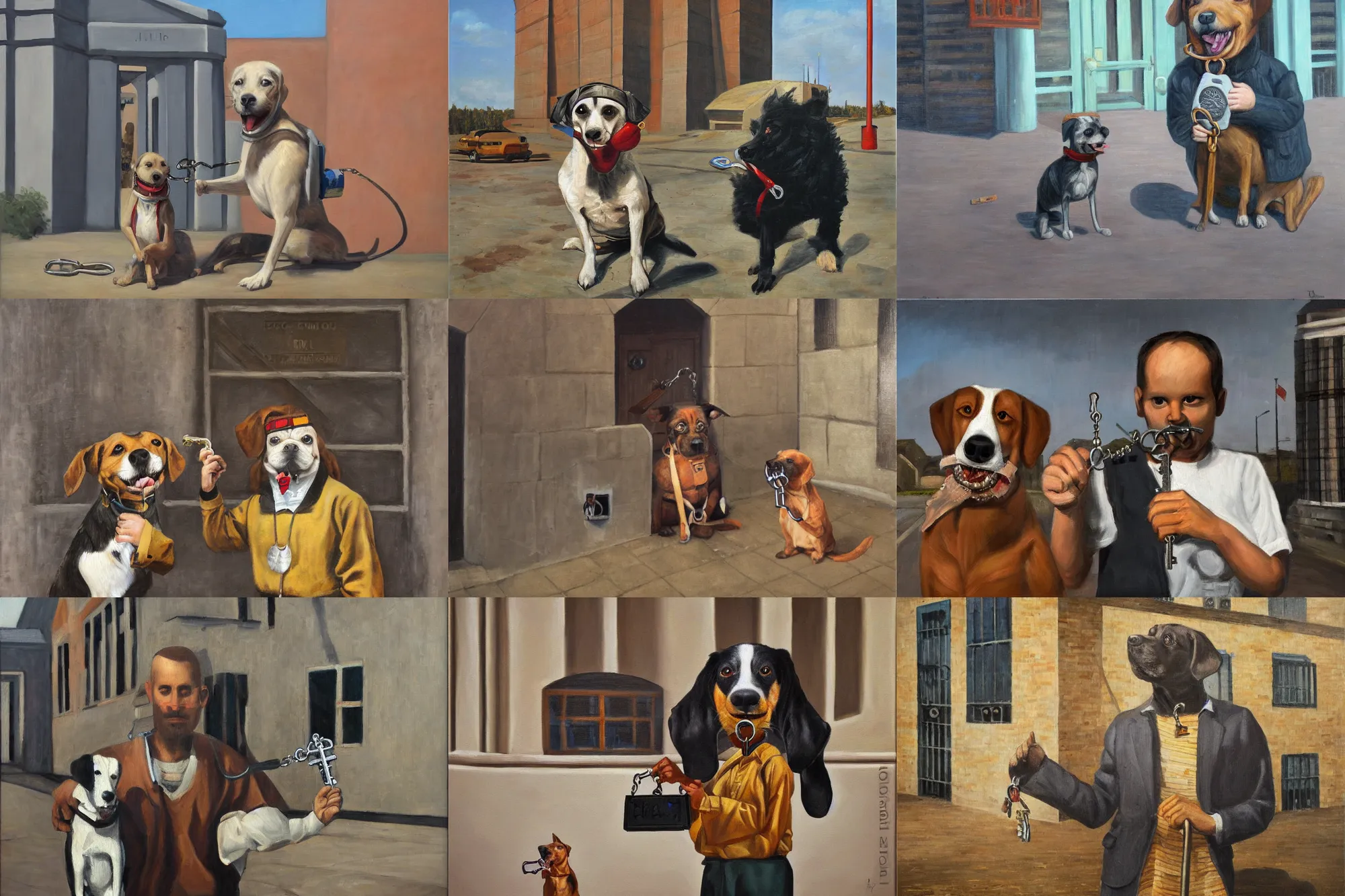 Prompt: dog holding a key in mouth, in front of jail, wide angle, realism, old painting, oil painting, oil in canvas