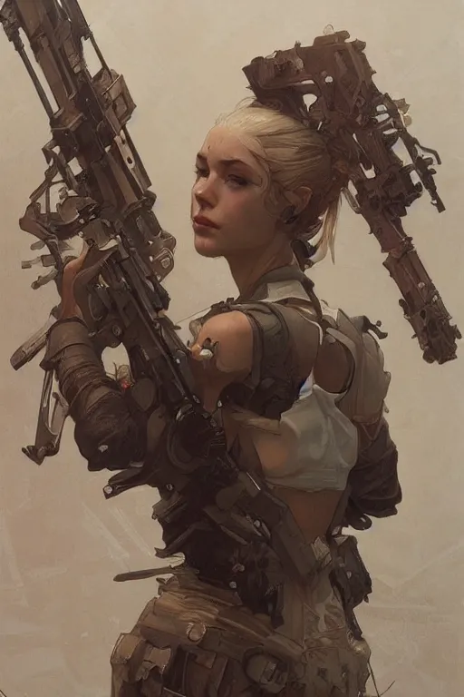 Image similar to A full portrait of a beautiful post apocalyptic heavy weapons expert, intricate, elegant, highly detailed, digital painting, artstation, concept art, smooth, sharp focus, illustration, art by Krenz Cushart and Artem Demura and alphonse mucha