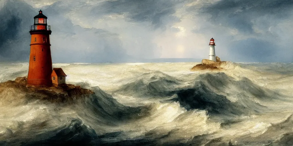 Prompt: a watercolor painting of a single lighthouse in a small rocky island during a violent storm by william turner, high quality, highly detailed, digital painting, masterpiece, turbulent sea, dramatic lighting, cinematic, centered, watercolor, william turner style, 4 k