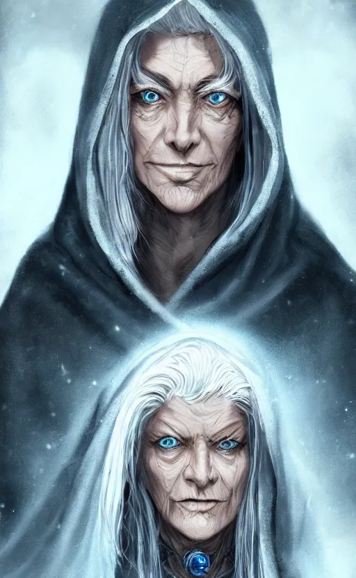 Image similar to an older woman with silver hair and piercing blue eyes. she's wearing a dark, hooded cloak and looks like she knows her way around a sword, dynamic lighting, photorealistic fantasy concept art, trending on art station, stunning visuals, creative, cinematic, ultra detailed