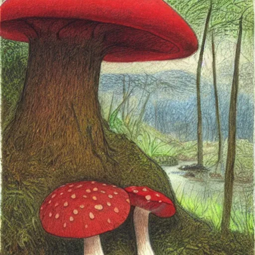 Prompt: illustration of a wooded scene with a small stream in the distance and a red mushroom in the foreground, coloured pencil drawing, highly detailed, beatrix potter