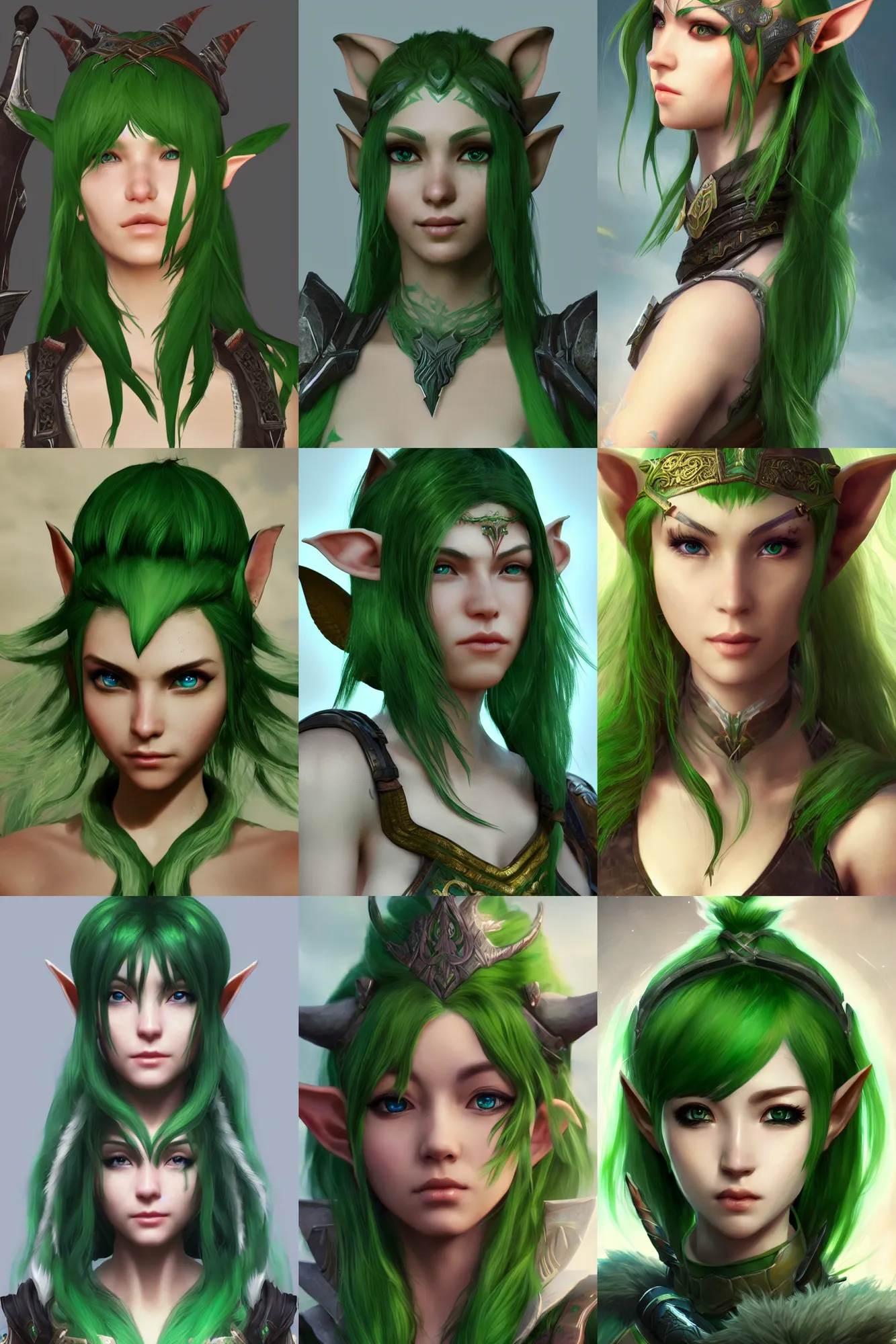 Prompt: portrait of a beautiful elf warrior with green hair, korean mmo, cinematic, unreal engine, lost ark, trending on artstation