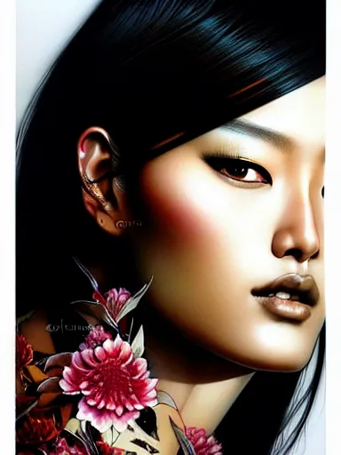 Image similar to a portrait of asian supermodel with a floral background by karol bak, artgerm, moebius, yoji shinkawa : : portrait, illustration, photorealism, hyperrealism, graffiti