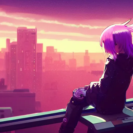 Prompt: android mechanical cyborg anime girl child overlooking overcrowded urban dystopia sitting. Pastel pink clouds baby blue sky. Gigantic future city. Raining. Makoto Shinkai. Wide angle. Distant shot. Purple sunset. Sunset ocean reflection. Pink hair. Pink and white hoodie. Cyberpunk. featured on artstation. robotic wired knee.