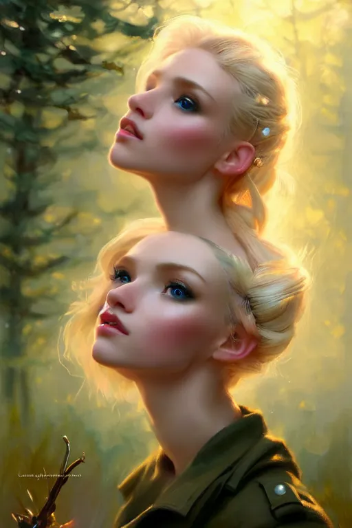 Image similar to cinematic shot of an epic portrait of a cute blonde fairy dressed in military clothes, stylised military clothes, shiny skin, beautiful eyes, beautiful, small details, night setting, realistic poster with volumetric light from jeremy lipkin and michael garmash, craig mallism, artgerm, unreal engine, radiant light, digital art, trends at art station, a masterpiece