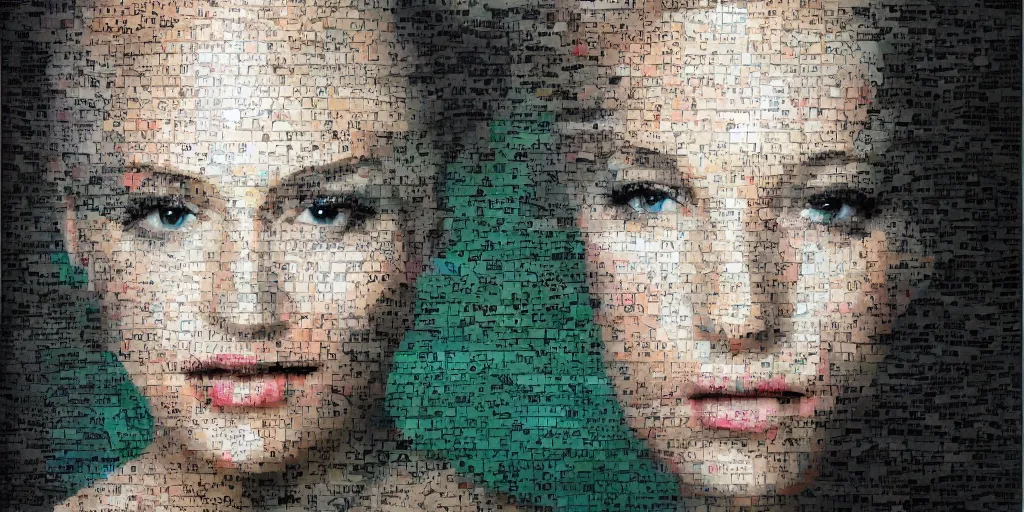 Image similar to beautiful portrait of a woman made up of images cut out of a magazine, contrast, texture,