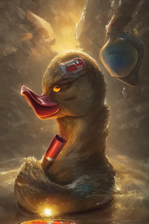 Image similar to duck drinks energy napiokmonstr energy, concept art, wlop, digital painting, trending on artstation, highly detailed, epic composition, official media, 8 k uhd