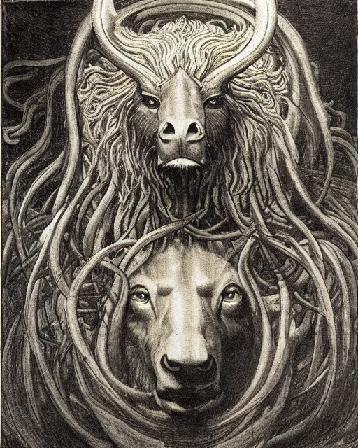 Image similar to a creature with the body and eyes of a man, with the beak of an eagle, the mane of a lion, and the horns of an ox drawn by jean delville