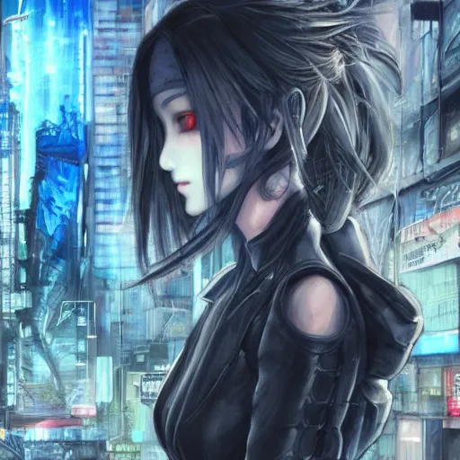 Image similar to dynamic composition, motion, ultra-detailed, incredibly detailed, a lot of details, amazing fine details and brush strokes, colorful and grayish palette, smooth, HD semirealistic anime CG concept art digital painting, watercolor oil painting of Clean and detailed post-cyberpunk sci-fi close-up cyborg vampire girl in asian city in style of cytus and deemo, blue flame, relaxing, calm and mysterious vibes,, by a Chinese artist at ArtStation, by Huang Guangjian, Fenghua Zhong, Ruan Jia, Xin Jin and Wei Chang. Realistic artwork of a Chinese videogame, gradients, gentle an harmonic grayish colors. set in half-life 2, Matrix, GITS, Blade Runner, Neotokyo Source, Syndicate(2012), dynamic composition, beautiful with eerie vibes, very inspirational, very stylish, with gradients, surrealistic, dystopia, postapocalyptic vibes, depth of field, mist, rich cinematic atmosphere, perfect digital art, mystical journey in strange world