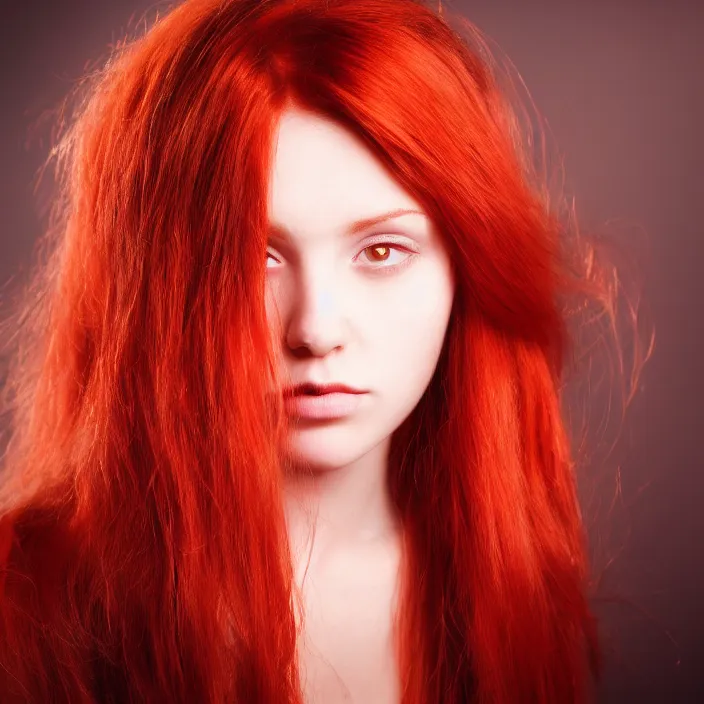 Image similar to Close-up portrait photo of a beautiful girl with red hair , dramatic light, dark background, high quality