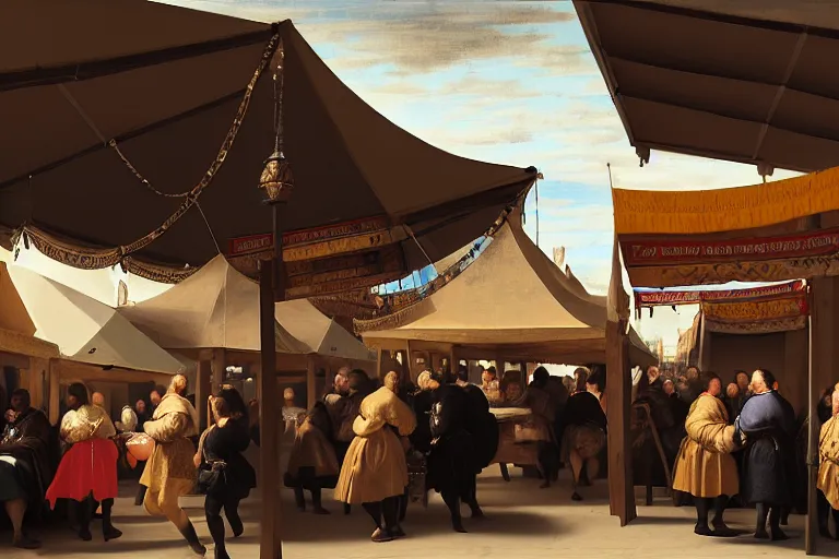 Image similar to The detailed tent of a medieval market, between the products being sold are mobile phones, ear phones, laptops, and other devices!! Some people walking around, close-up, big depth of field, matte painting, trending on artstation, hyper detailed, sharp, baroque painting, painted by Velazquez