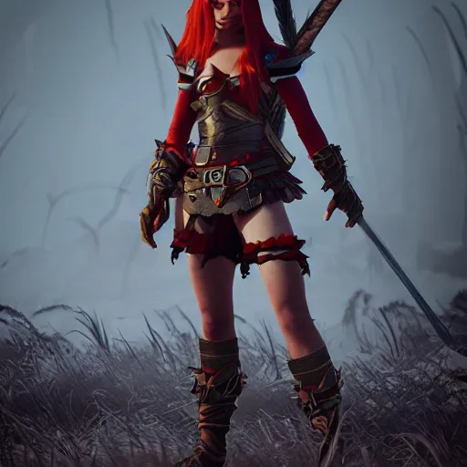 Image similar to beautiful redhead elf, warrior outfit, clash royal style characters, unreal engine 5, octane render, detailed, cinematografic, cinema 4 d