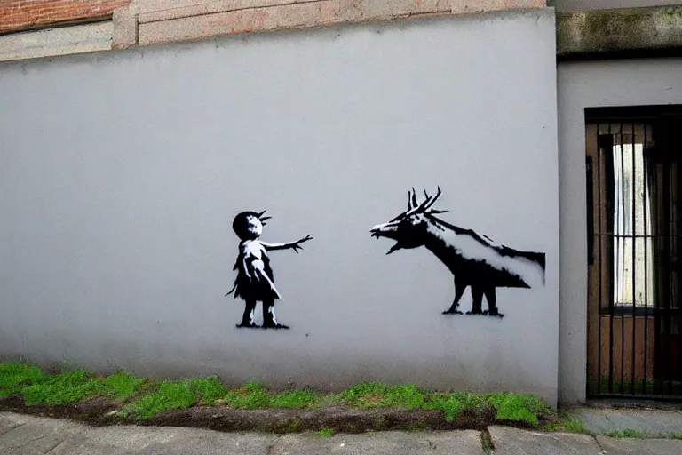 Image similar to wall painting, beautiful nature landscape, grey street wall, rule of thirds, art by banksy