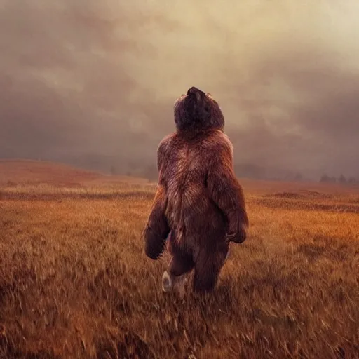 Image similar to shaman in the bear skin dancing in the field under the epic colourful rain, photo realistic, highly detailed, hyperrealistic, Chronicles of Narnia movie style 8k,