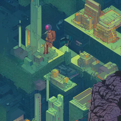 Image similar to Stunning isometric illustration of single cyberpunk explorer overlooking lush forest , highly detailed, midnight, small glowing orbs by Victo Ngai and James Gilleard , Moebius, Laurie Greasley