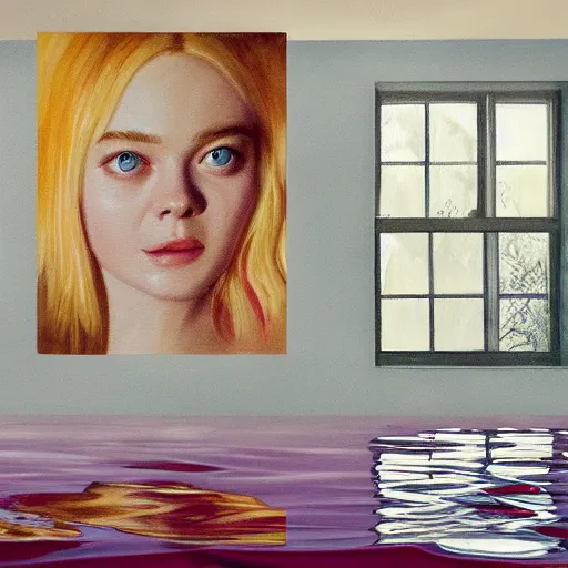 Image similar to painting of Elle Fanning in a flooded house interior, Kitsch style