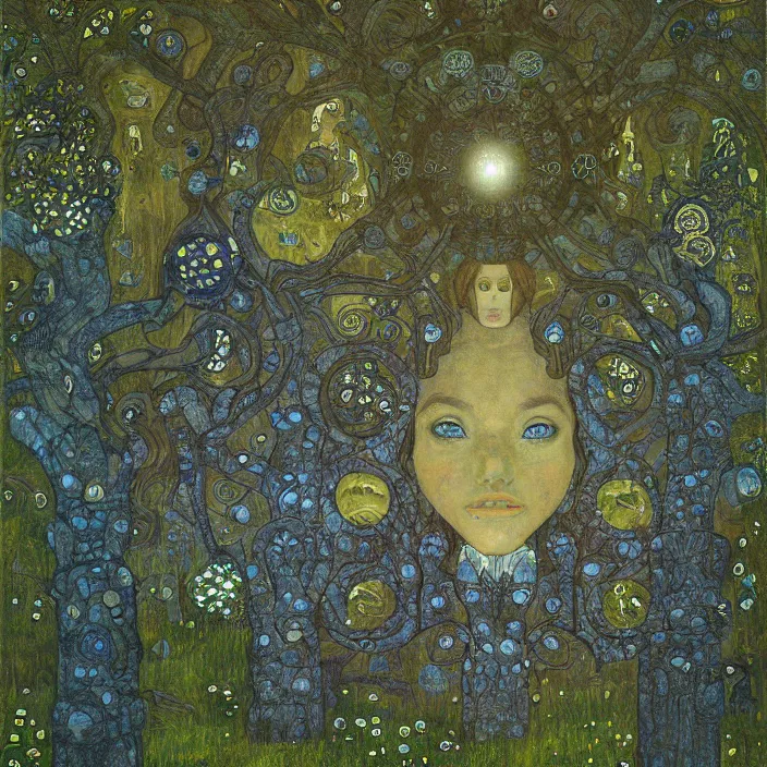 Image similar to ancient overgrown! ruins, medieval gates, indigo runestones, mysetrious etherial mesmerizing runic!! cat eyes, magical elven geometry, concept art by gustav klimt!!, deviantart contest winner, environmental art, pretty indigo flowers, fairy circles, lit by moonlight!!, high detail, intricate masterpiece