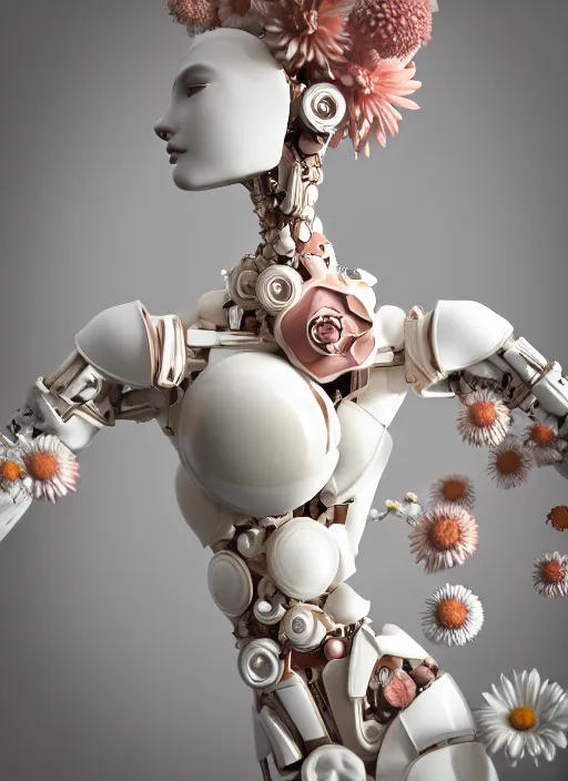 Image similar to marble mannequin carrying perfume bottle, biomechanical corals daisies rhizomorphs in an ivory room well contoured smooth fair walls, up close shot, sharp focus, global illumination, radiant light, alexandre ferra white mecha, irakli nadar, octane highly render, 4 k, ultra hd,