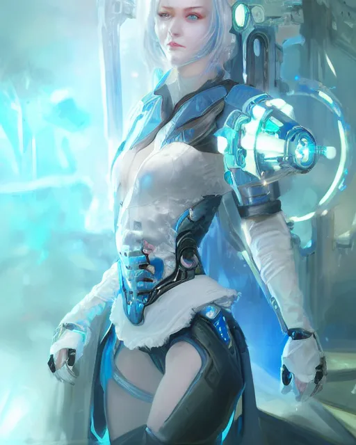 Image similar to holy cyborg necromancer girl, elegant, scifi, futuristic, utopia, garden, illustration, atmosphere, top lighting, blue eyes, white hair, focused, artstation, highly detailed, art by yuhong ding and chengwei pan and serafleur and ina wong