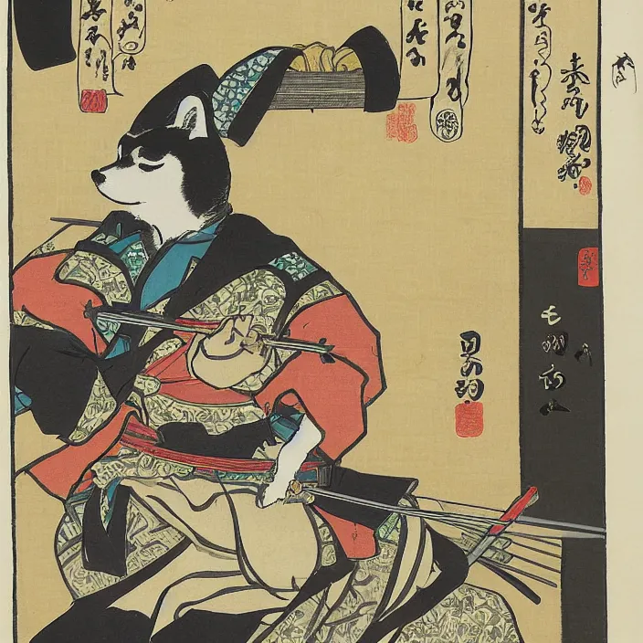 Image similar to a shiba inu samurai eating a bowl of rice, artwork on loan from the historical dog society of japan, by Utagawa Kuniyoshi