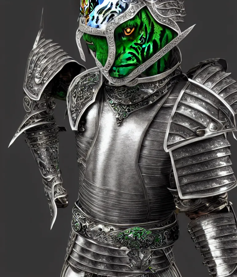 Image similar to 8 k ultrarealistic character concept of a tiger knight in silver armor and jade leather