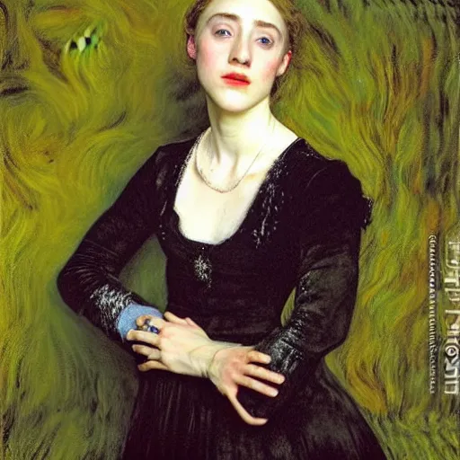 Image similar to a true-to-life portrait of Saoirse Ronan painted by John Everett Millais