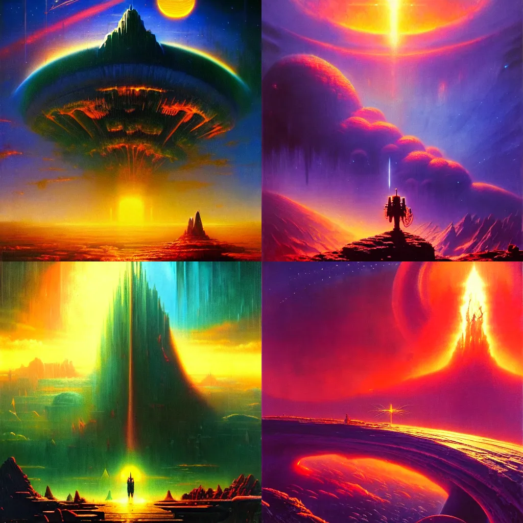 Prompt: the epic colossal journey of a hero, by Bruce Pennington, by Paul Lehr, masterpiece, oil on canvas, trending on artstation, top on pixiv, cinematic composition, dramatic scene, beautiful lighting, sharp, high details, astrophotography, no frames, 8K