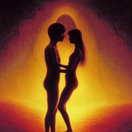 Image similar to perfectly - centered movie promotional poster - photograph of a young indian guy and a beautiful girl side profile faces symmetrical ; real life portrait by beksinski and jean delville, romantic theme, two lovers sharing one heart, unreal engine 5, photorealism, hd quality, 8 k resolution, cinema 4 d, hdr dramatic lighting ; symmetrical, cinematic, high coherence