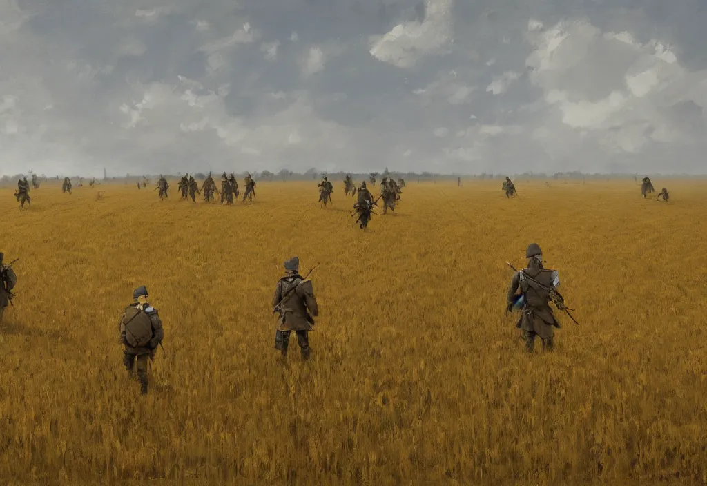 Prompt: swedish carolean soldiers marching across a wheat field, artstation, jakub rozalski, smoke, high detail