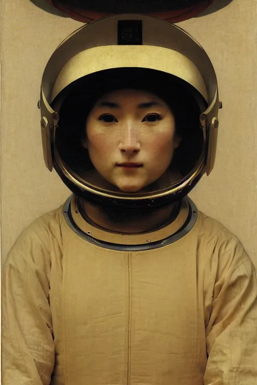 Image similar to portrait of a astronaut in samurai helmets, by bouguereau