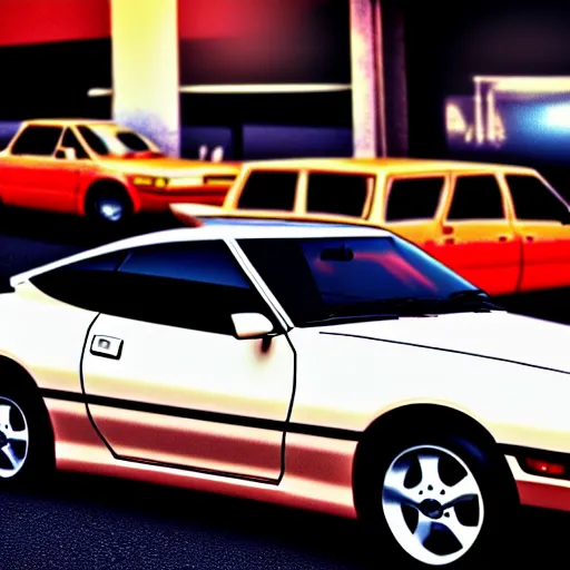 Image similar to a car Toyota Celica at carshow, Shibuya prefecture, city sunset, cinematic color, photorealistic, highly detailed