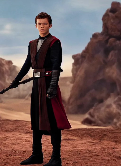 Prompt: tom holland plays anakin skywalker in the live action remake of star wars revenge of the sith, 3 5 mm photography, highly detailed, cinematic lighting, standing pose, 4 k