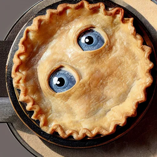 Prompt: a pie with eyes peeking out from under the crust, unreal engine, octane render