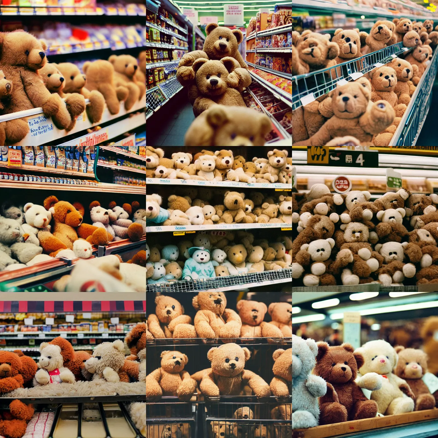 Prompt: Teddy bears in queue in a grocery store, 35mm photography