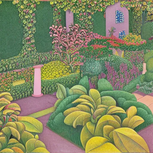 Prompt: intricate garden, painting by mc escher
