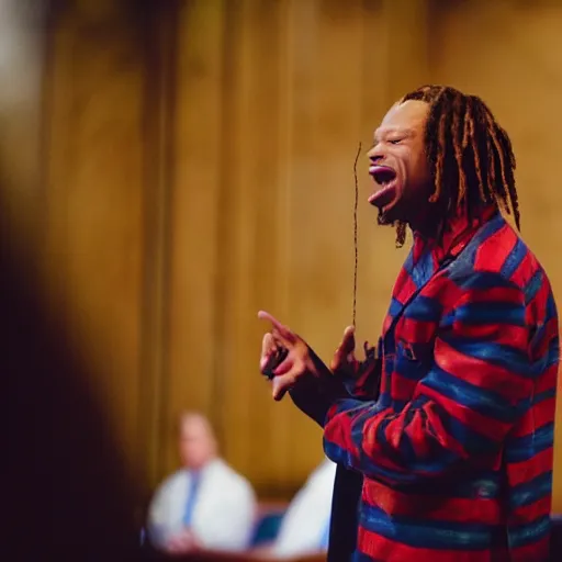 Prompt: cinematic still of Trippie Redd preaching at a Baptist Church in Rural Tennessee, close up, shallow depth of field, cinematic