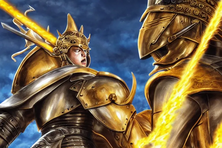 Image similar to an ultra detailed portrait of king richard the lionhearted as a paladin shonen anime protagonist charging into battle wearing a horned helmet and bright gold armor with a huge flaming longsword blessed by god, epic anime fantasy, 8 k, volumetric lighting, smooth, highly detailed, digital illustration, art by kentaro miura and akira toriyama and artgerm