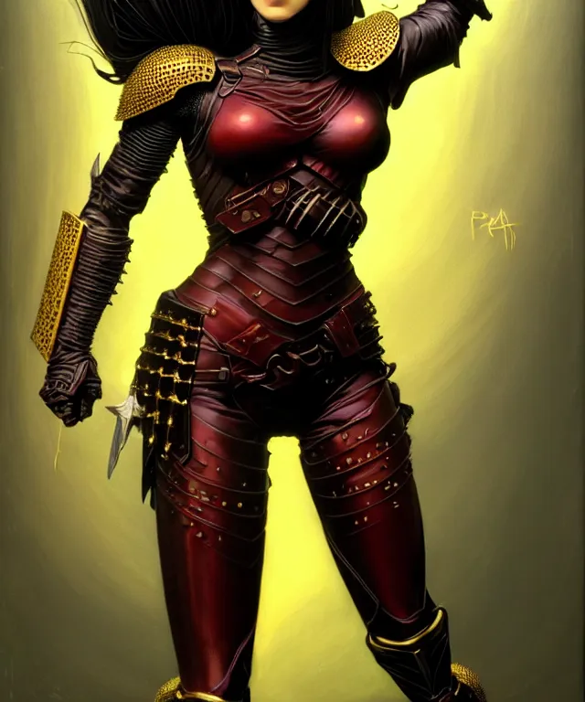 Prompt: hyperrealistic mixed media painting of a beautiful young female rogue, stunning 3d render inspired art by P. Craig Russell and Barry Windsor-Smith + perfect facial symmetry + dim volumetric lighting, dark black hair, pale skin, ornate crimson leather studded armor with gold trim, dizzy, full body, confident heroic pose, arms crossed, d&d, 8k octane beautifully detailed render, post-processing, extremely hyperdetailed, intricate, epic composition, grim yet sparkling atmosphere, cinematic lighting + masterpiece, trending on artstation, very very detailed, masterpiece, stunning