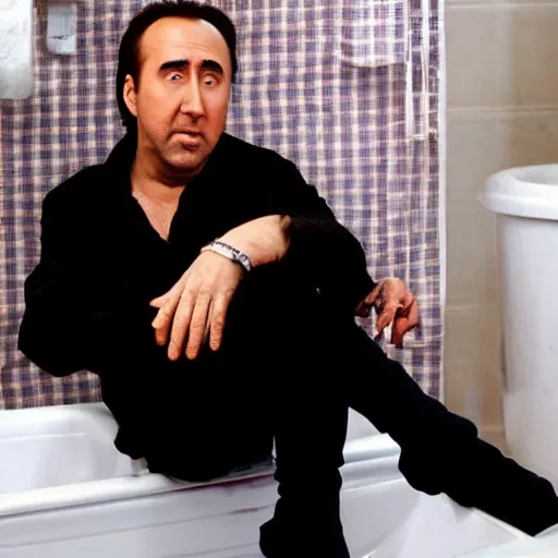 Prompt: nicolas cage sitting in a tub filled with spaghetti bolognese