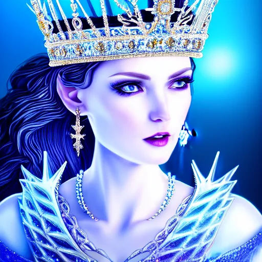 Image similar to beautiful ice queen with ornate crown and robes highly detailed, 4k, HDR, smooth, sharp focus, hyper realistic, high resolution