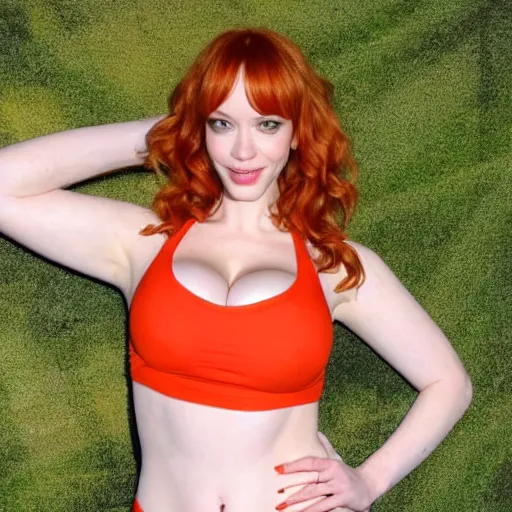 Image similar to Christina Hendricks as volleyball player, body, realistic,